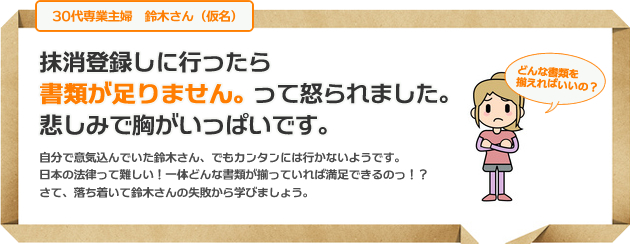 抹消登録しに行ったら書類が足りません。って怒られました。悲しみで胸がいっぱいです。自分で意気込んでいた鈴木さん、でもカンタンには行かないようです。日本の法律って難しい！一体どんな書類が揃っていれば満足できるのっ！？さて、落ち着いて鈴木さんの失敗から学びましょう。