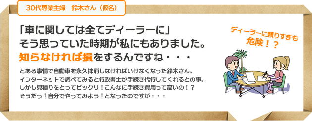 そう思っていた時期が私にもありました。知らなければ損をするんですね・・・とある事情で自動車を永久抹消しなければいけなくなった鈴木さん。インターネットで調べてみると行政書士が手続き代行してくれるとの事。しかし見積りをとってビックリ！こんなに手続き費用って高いの！？そうだっ！自分でやってみよう！となったのですが・・・