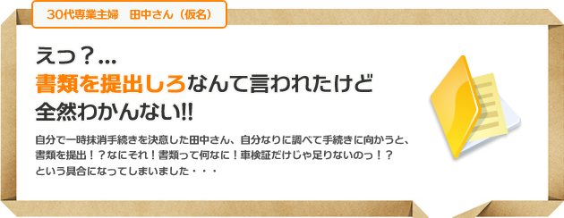 えっ？...書類を提出しろなんて言われたけど全然わかんない!!自分で一時抹消手続きを決意した田中さん、自分なりに調べて手続きに向かうと、書類を提出！？なにそれ！書類って何なに！車検証だけじゃ足りないのっ！？という具合になってしまいました・・・