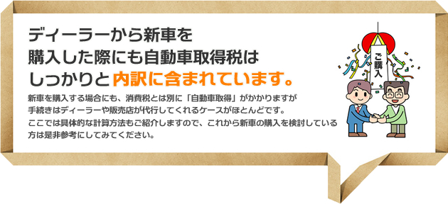 ディーラーから新車を購入した際にも自動車取得税はしっかりと内訳に含まれています。